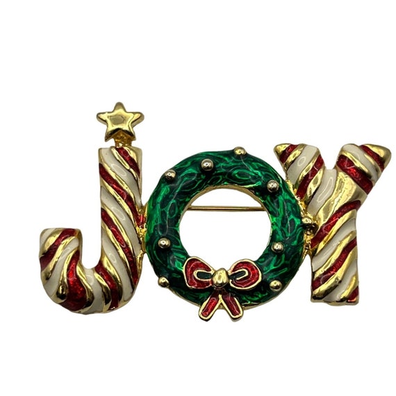 Vintage Joy Christmas Brooch Gold tone and enamel - image 1