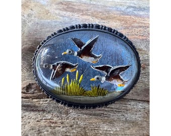 Vintage Mallard Duck Brooch Pin Reverse Painted Domed Cabochon 1.25”