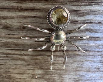 Vintage Sterling Silver Citrine Spider Brooch Pin Figural Insect Jewelry 1.5” 6.49g
