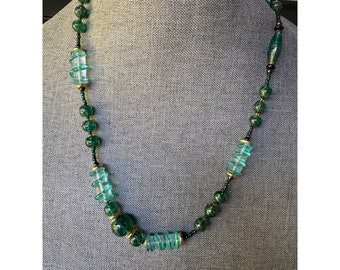 Vintage Green Murano Glass Beaded Necklace With Gold Accents