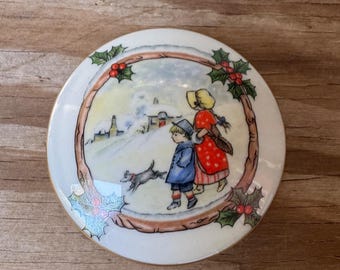 Castel Limoges France Porcelain Trinket Box Christmas Winter Scene Children