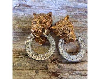 Vintage Cat Head Clip On Earrings Gold Tone Silver Tone Rhinestone Hoop Dangle