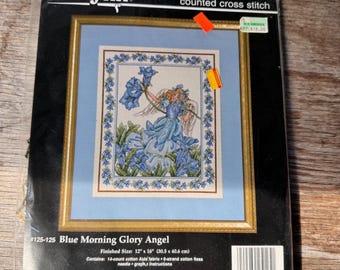 Vintage Janlynn Cross Stitch Kit Blue Morning Glory Angel 1995 Needlework Kit