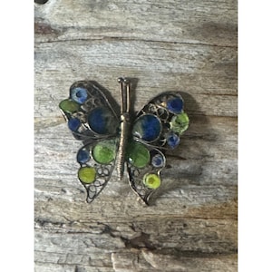 Antique 800 Silver Enamel And Filigree Butterfly Brooch Pin