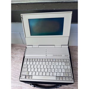 May include: A vintage off-white laptop with a full keyboard and a screen. The laptop is open, revealing the keyboard and screen. The laptop is in a black carrying case with a handle.