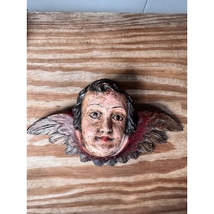 Hand-Carved Wooden Angel Cherub Wall Decor With Red & Brown Details Vintage Religious Ornament