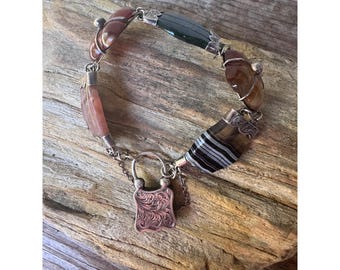 Antique Scottish Agate Panel Bracelet Sterling Silver Lock Clasp Safety Chain