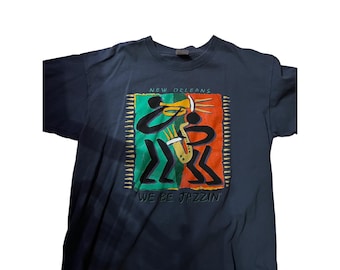 New Orleans Graphic T-Shirt We Be Jazzin Design Navy Blue 100% Cotton Short Sleeve Unisex Size XL