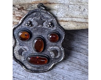 Vintage 925 Sterling Silver Amber Brooch Pendant UV Reactive 20.68g 2.5”