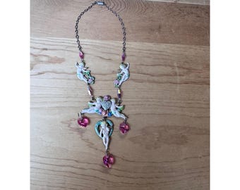 Czech Neiger Style Cherub Necklace 16" Pink Glass Hearts, Art Deco Cold Painted Enamel 1920s