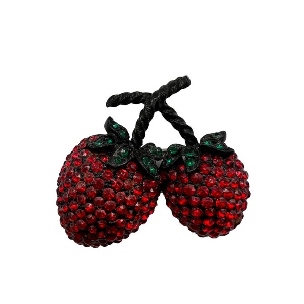 Signed Weiss Pin Brooch Red Rhinestone Crystal Double Strawberry Fruit Brooch