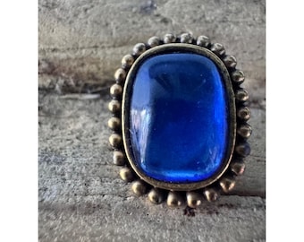 YSL Yves Saint Laurent Single Blue Glass Cabochon Earring 1980s Gold-Tone Statement Jewelry Vintage