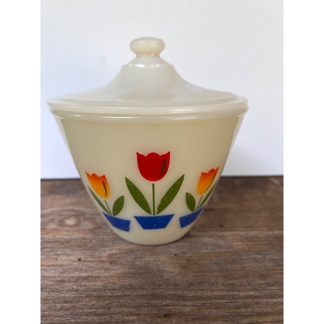 Vintage Tulip Pattern Anchor Hocking Fire King Grease Jar Lidded 6