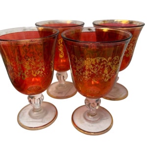 Set of 4 Murano Glass Red Goblet Glasses 24K Gold Leaf