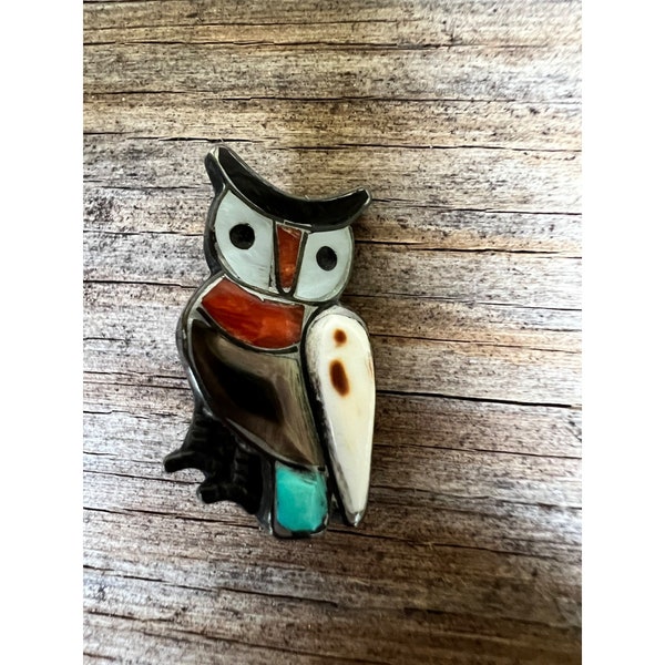 Vintage Zuni NM Pueblo Inlaid Owl Pin Sterling Handmade Brooch Circa. 1950's