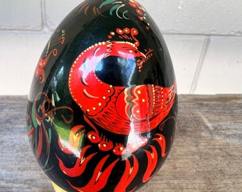 Vintage Russian Hand Painted Lacquer Wooden Egg Bird