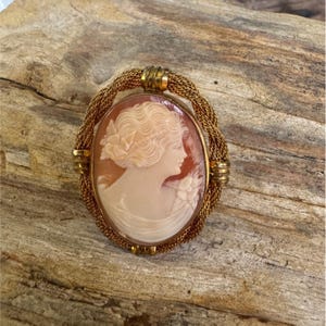 Vintage Gold Filled Cameo Brooch Pendant Of A Woman In Floral Design Oval Shape
