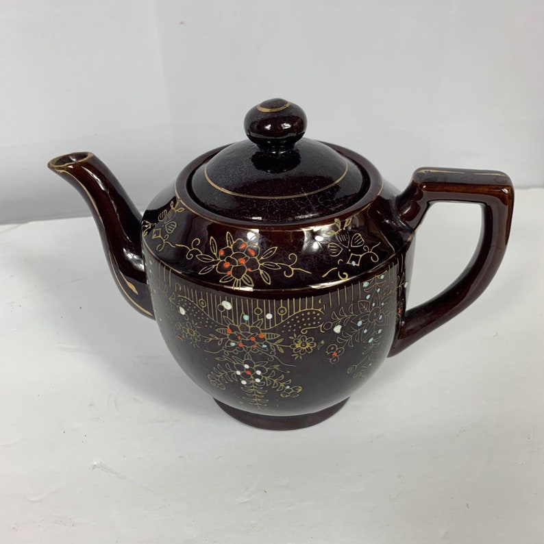Brown Betty Japan Teapot Vintage Moriage Redware Pottery Tea Etsy