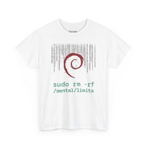 May include: A white short-sleeved t-shirt featuring a red spiral graphic, a background of vertical binary code, and the green text "sudo rm -rf /mental/limits" printed on the front. The brand name "KATHIRA" is visible at the inner neckline.