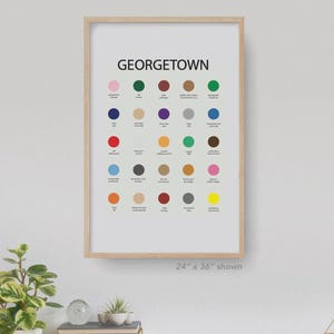 May include: A framed print featuring the word "GEORGETOWN" above a grid of colorful circles. Each circle has a corresponding label. The frame is light-colored wood. The print measures 24 inches by 36 inches.