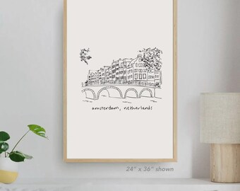 Amsterdam Netherlands Print postcard, Holland Wall Art Poster Minimalist print, travel keepsake Dutch Europe painting cityscape hometown