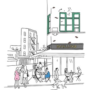 May include: A black and white sketch of a restaurant with a sign that reads "Pisellino". People are sitting outside at tables and a dog is walking by.