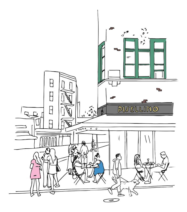 May include: A black and white sketch of a restaurant with a sign that reads "Pisellino". People are sitting outside at tables and a dog is walking by.