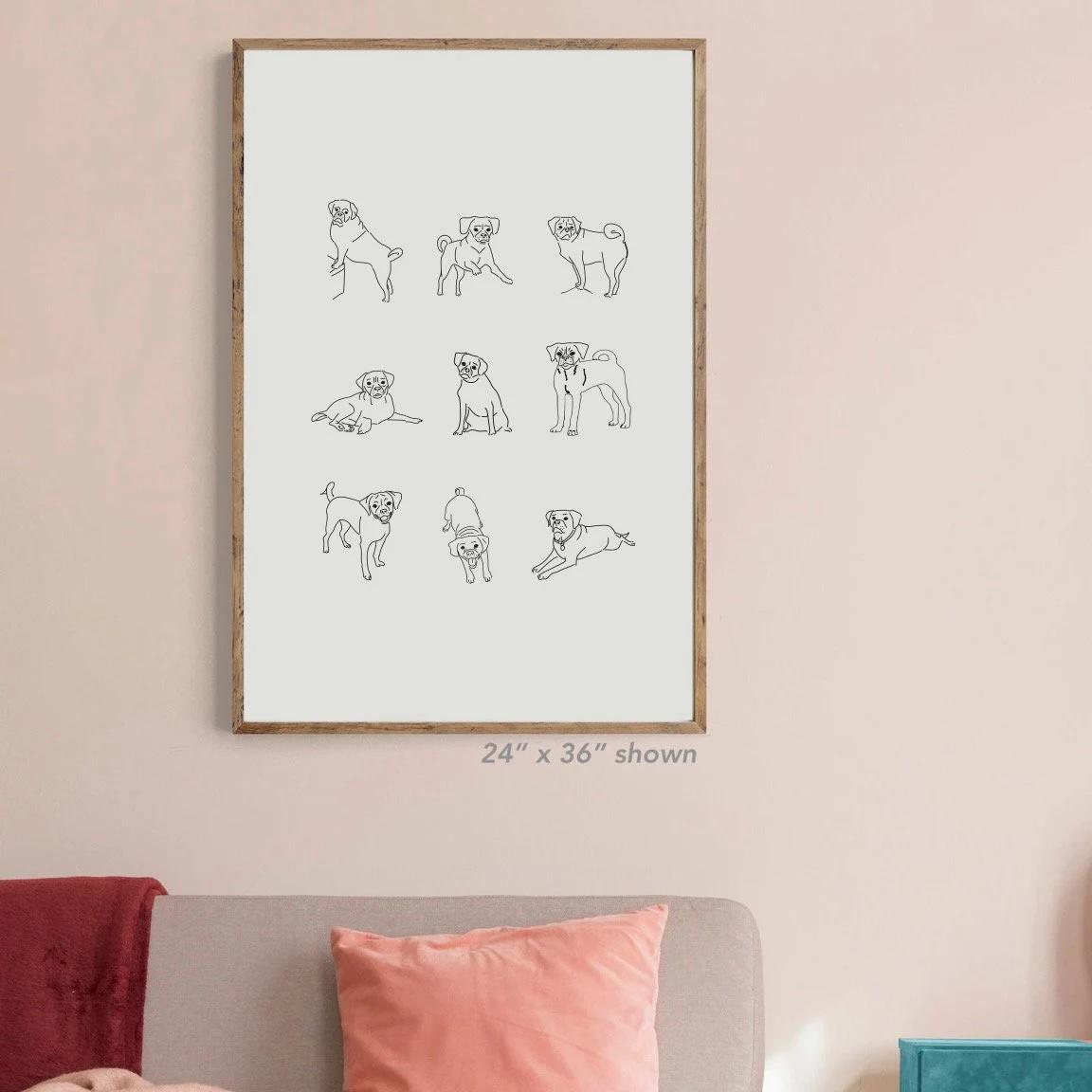 Pugs Print, Puppy Posters, Pug Art Print, Gift for Dog Lover, Dog Line Art, Minimal Wall Art, Pug Poster, Pug Gift, Dog Print, Puggle