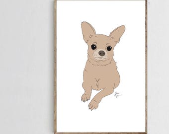 May include: A framed art print featuring a tan chihuahua illustration with large dark eyes and upright ears on a white background. The text 61 cm x 91 cm shown is printed at the bottom right. The drawing includes a small signature near the front paw.