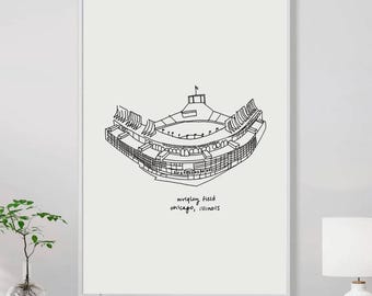 Wrigley Field Chicago Cubs, Chicago Cubs Fan Art, Cubs baseball art, Chicago stadium drawing, Chicago gift for Dad, Wrigley field sports art