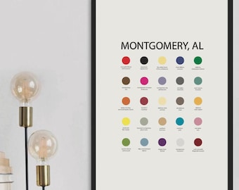 Montgomery Alabama AL city color palette poster art print, Montgomery gift for mom, Alabama home design painting drawing, Alabama decoration