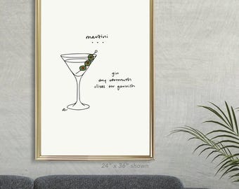 May include: A black and white line drawing of a martini glass with olives. The text "martini... gin any vermouth olives for garnish" is below the glass.