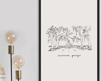 Savannah GA Print postcard, Georgia Wall Art Poster Minimalist Savannah tourist spot, travel keepsake southern painting cityscape hometown