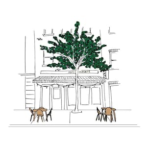 May include: A black and white line drawing of a storefront with a green tree in front. The storefront has a sign that reads "Joe's Imports". There are tables and chairs set up outside the store.