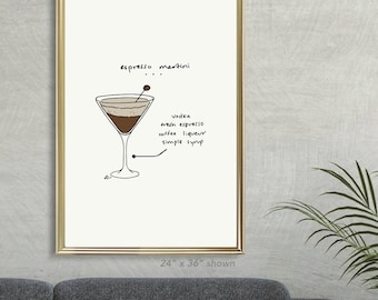 Espresso martini cocktail tekening schilderij print artwork, espresso martini cadeau voor vriendin moeder vriendje, martini schets bar kar kunst