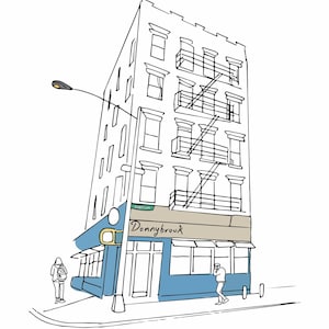 May include: A black and white line drawing of a building with a blue storefront. The storefront has a sign that says "Donnybrook" and a fire escape. Two people are walking in front of the building.