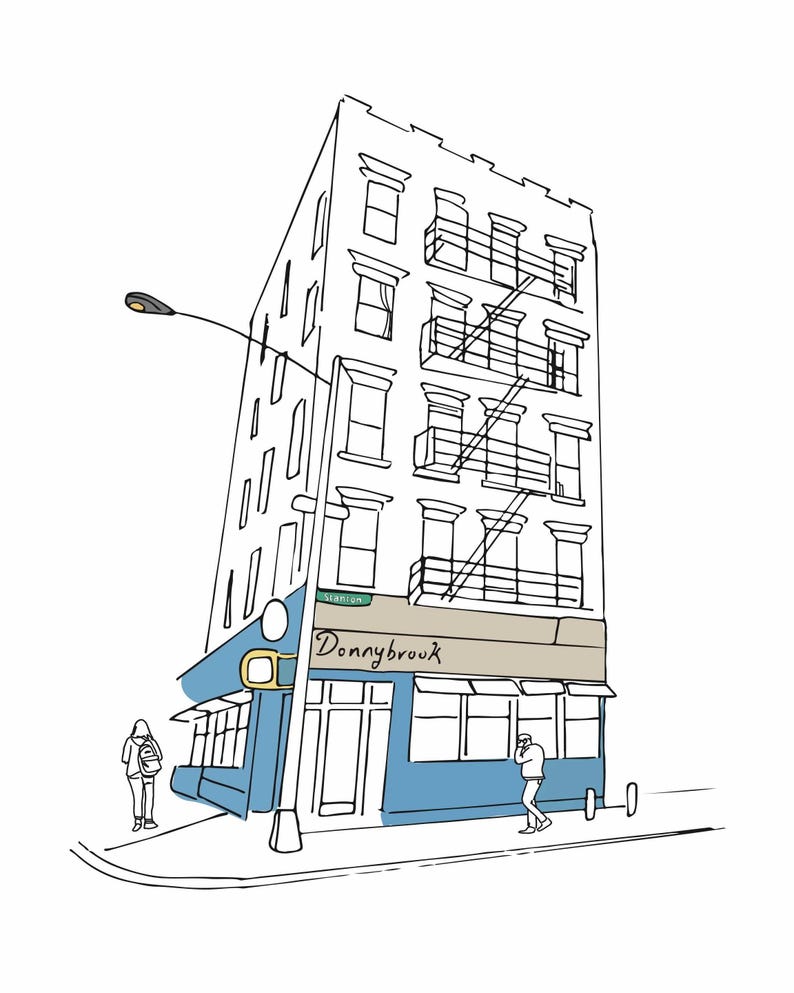 May include: A black and white line drawing of a building with a blue storefront. The storefront has a sign that says "Donnybrook" and a fire escape. Two people are walking in front of the building.