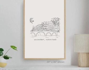 Amsterdam Netherlands Print postcard, Holland Wall Art Poster Minimalist print, travel keepsake Dutch Europe painting cityscape hometown