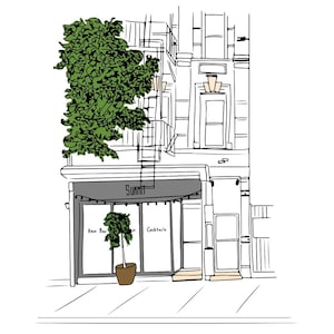 May include: A black and white line drawing of a building with a storefront that says "SUMMIT" above the entrance. The storefront has two windows, one labeled "Raw Bar" and the other labeled "Cocktails". There is a small tree in a pot in front of the storefront.