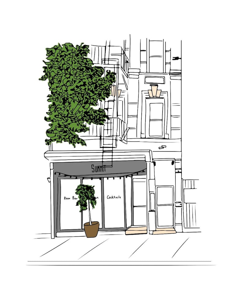 May include: A black and white line drawing of a building with a storefront that says "SUMMIT" above the entrance. The storefront has two windows, one labeled "Raw Bar" and the other labeled "Cocktails". There is a small tree in a pot in front of the storefront.