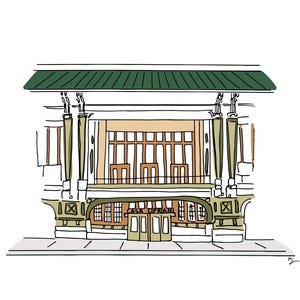 May include: A hand-drawn illustration of a building with a green roof and a sign that reads "Casa Cipriani". The building has a large window with a balcony and a door with a glass panel.