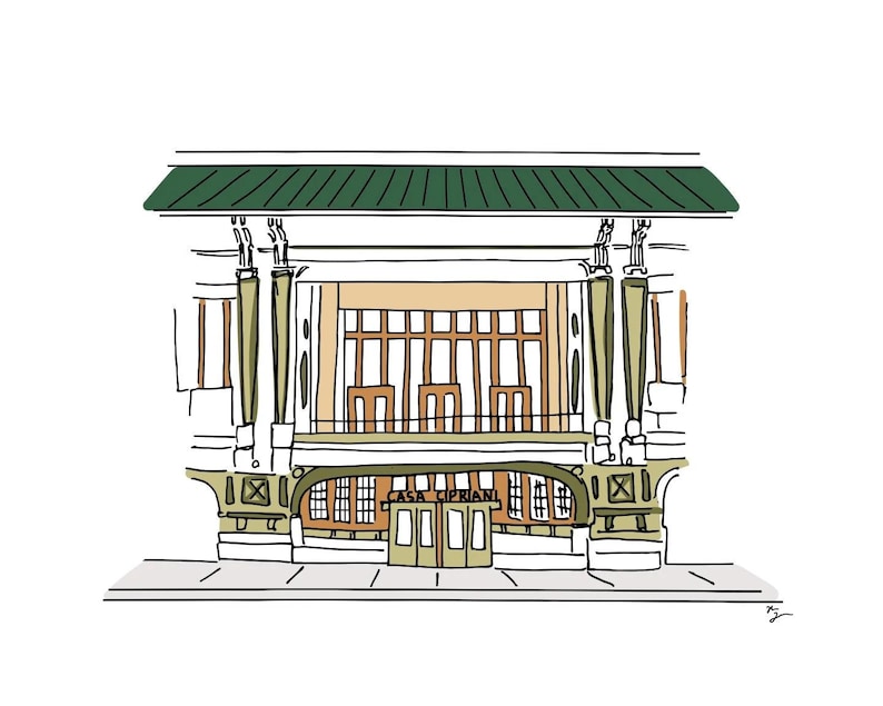 May include: A hand-drawn illustration of a building with a green roof and a sign that reads "Casa Cipriani". The building has a large window with a balcony and a door with a glass panel.