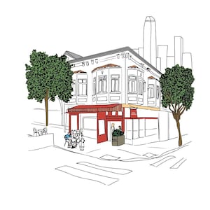 May include: A black and white line drawing of a cafe building with a red awning. The cafe is located on a street corner with a crosswalk in front of it. There are trees on either side of the building and a tall building in the background.