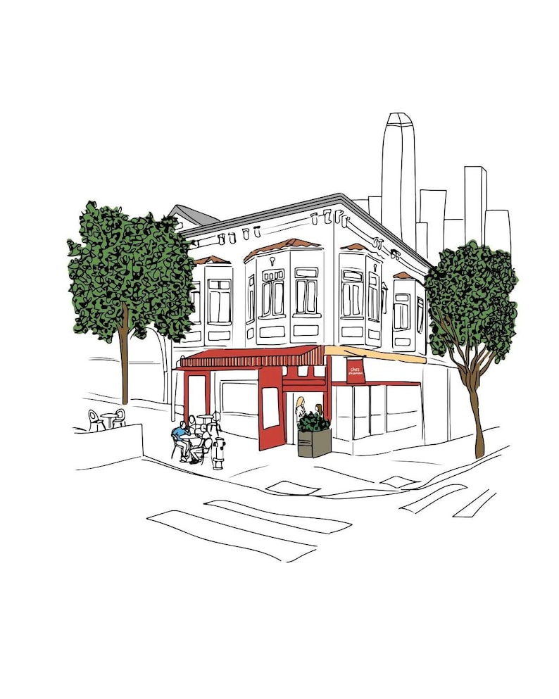 May include: A black and white line drawing of a cafe building with a red awning. The cafe is located on a street corner with a crosswalk in front of it. There are trees on either side of the building and a tall building in the background.
