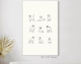 Puede incluir: Un estampado enmarcado con nueve dibujos lineales en blanco y negro de perros en varias poses. La obra de arte está sobre un fondo crema. El tamaño del marco es de 61 x 91 cm.