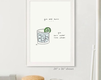 Gin and Tonic cocktail print poster, G&T drawing painting sketch bar cart art poster, GT poster for boyfriend painting drawing lime wheel