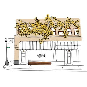 May include: A hand-drawn illustration of a storefront with a yellow vine growing over the top. The storefront has a sign that reads "Thai Peacock".