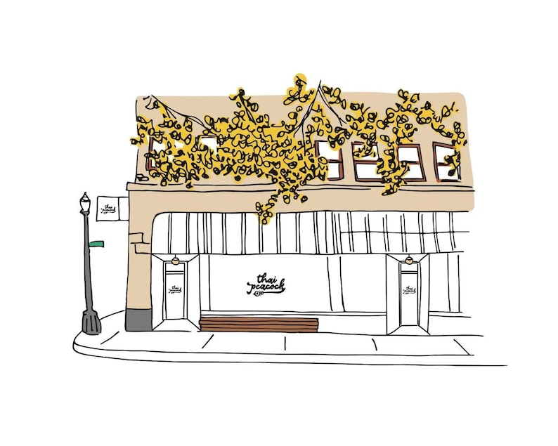 May include: A hand-drawn illustration of a storefront with a yellow vine growing over the top. The storefront has a sign that reads "Thai Peacock".