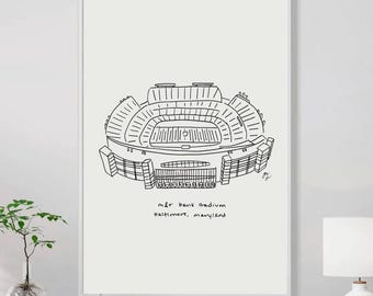 Sztuka stadionu M&T Bank, plakat artystyczny Baltimore Ravens, wydruk rysunku, szkic, fanowski prezent artystyczny Ravens Maryland MD, sztuka do pobrania, torba płócienna