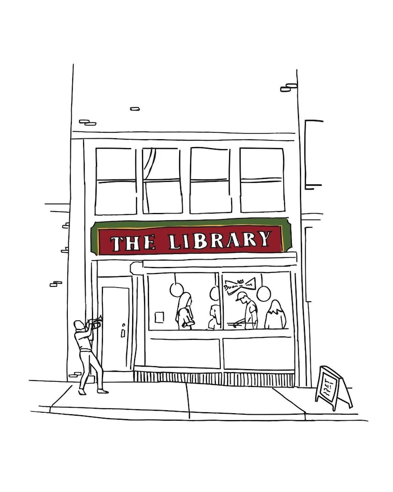 May include: A black and white line drawing of a storefront with a sign that reads "THE LIBRARY". There are people inside the store, and a person standing outside with a trumpet.
